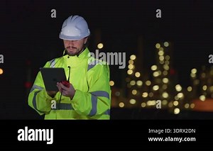Engineers night shift working oil and gas refinery service, Workers hard work at night petroleum industry plant background, Oil and Gas Petrochemical industry.