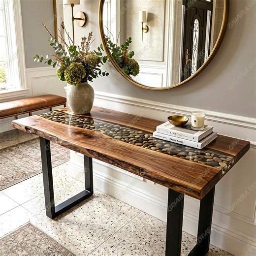 Live Edge Wood River Stone Epoxy Console Table Rustic Entryway Furniture - Etsy