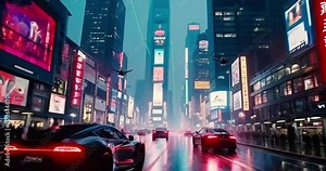 Journey through a Cyberpunk Cityscape. High Tech City with Lasers, Vehicles, Robots, Androids, Neon Signs, and Glowing Skyscrapers. Science Fiction generated AI