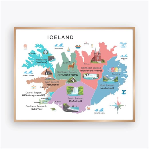 Iceland Illustrated Map Poster With Regions and Landmarks, Colorful Educational Country Map for Kids Classroom Decor - Etsy Canada