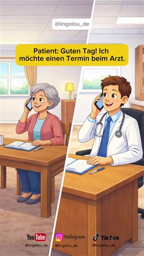 🩺 Deutscher Dialog (A1–A2): Termin beim Arzt Lerne, wie man einen Arzttermin vereinbart, Symptome beschreibt und einen Zeitpunkt abspricht. Kurzer und praktischer Dialog für die Niveaus A1–A2 💬 👉 Schreib in die Kommentare: Warst du schon mal beim Arzt in Deutschland? #learngerman #deutschlernen #germanphrases #speakinggerman #germanlanguage #easygerman #languagelearning #deutsch #fyp