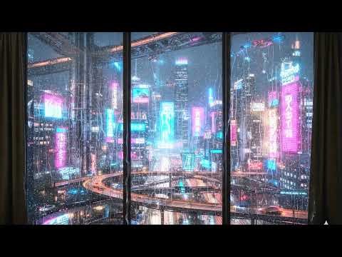Cyberpunk Rainy Window View | 3hr Relaxing Loop | Projector ready