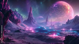 Alien landscape with glowing lakes and rocky formations under a vibrant sky with planets.