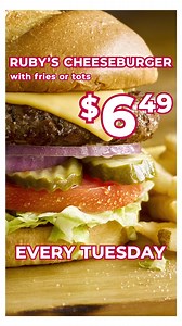 109 reactions · 15 shares | $6.49 Ruby’s Cheeseburger with fries or tots all day every Tuesday. It’s a premium meal at a better than fast food price! | Ruby Tuesday | Facebook