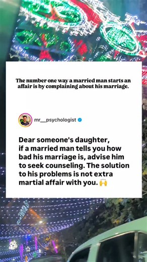 The number one way a married man starts an affair is by complaining about his marriage or his wife saying that he isn't understood. In many cases a man will keep the other woman as a 'side piece' and continue his 'happy marriage facade' in front of the world. #relationships #marriage #couples #affairs #trendingreel | Bodhii Health & Wellness