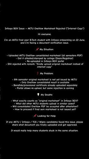 Infosys BGV Issue – AKTU OneView Marksheet Rejected (“Internet Copy”)