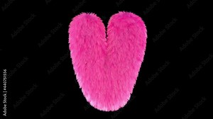 Pink fur letter V, 3D animated font, fluffy texture, with alpha channel.
