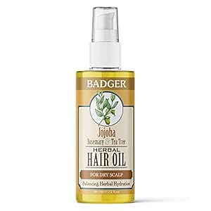 Badger Organic Jojoba Hair Oil & Dry Scalp Treatment, Soothing & Moisturizing Itchy Dry Scalp Oil, Rosemary Hair Oil, Organic Jojoba Oil Hair & Scalp Moisturizer, 2 fl oz Glass Bottle
