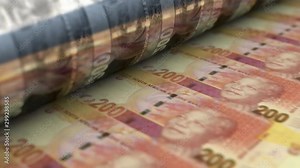 A loop able animation concept image showing a long sheet of South African Rand notes going through a print roller in its final phase of a print run