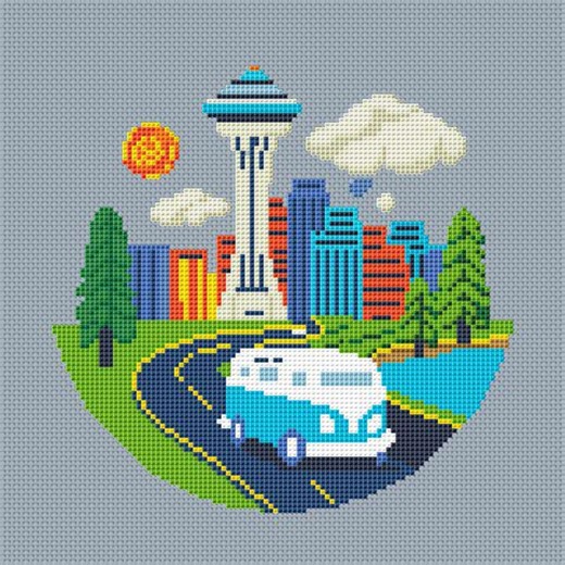 Seattle Skyline Cross Stitch Pattern, Space Needle Cityscape Embroidery PDF, Camper Van Travel Design Bus PDF & SAGA Instant Download - Etsy