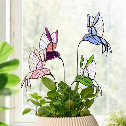 Stained Glass Hummingbird Plant Stake - Handmade Suncatcher Gift for Mom - Etsy