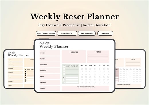 Minimalist Weekly Planner Printable PDF | Weekly Schedule   Habit Tracker | Undated Planner | A4 & US Letter | Clean Productivity Layout