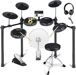 Fesley Electric Drum Set: 5 Drums 3 Cymbals with 4 Quiet Mesh Drum Pads, Electronic Drum Set for Beginner Adult, E Drum Kit with Throne, Headphone, Drumsticks, USB MIDI, Intelligent Sound Module