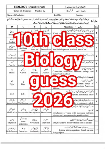 10th Class Biology Guess Paper 2026 | Matric Biology Important Questions 2026