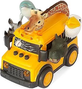 DINOBROS Yellow School Bus Toy with Light and Sound, Funny Animals On Bus Friction Powered Car Toys for Kids Ages 3+