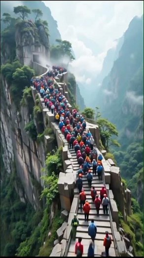 Dangerous Climb: Cliff ladder destroyed after mountain collapse #shorts #disaster