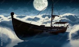 sail ship braving the waves of a wild stormy sea at night with full moon. generative ai