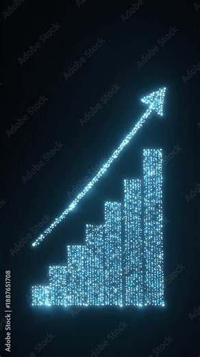 Futuristic financial bar charts rising slowly with a firefly effect from a reflective surface in a smooth motion animation