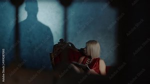 Beautiful witch is sitting in a chair in a dark cold room alone with a spellbook. Spirit of a dead man come to her. Scary silhouette on concrete wall.