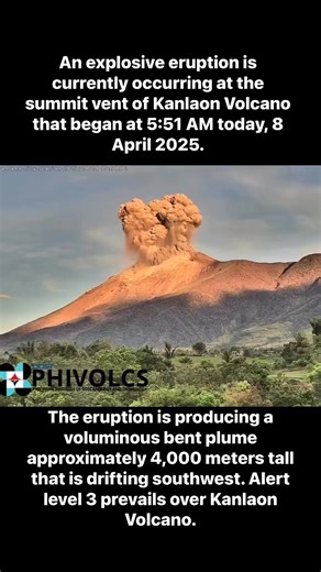 144K views · 1.4K reactions | The ongoing explosive eruption at the summit vent of Kanlaon Volcano, which began at 5:51 a.m. on Tuesday, April 8, produces a large plume that reaches 4,000 meters and drifts southwest. #mountkanlaoneruption #mtkanlaon | Travel with Zell | Facebook