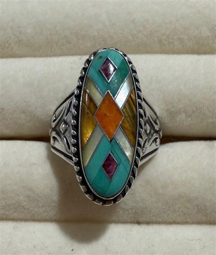 Carolyn Pollack Native American Inlay Ring – Sterling Silver – Turquoise, Spiny Oyster, Onyx, Mother of Pearl - Etsy