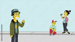 4k cartoon animation where sick yellow man coughs while two guys relaxing on the background.