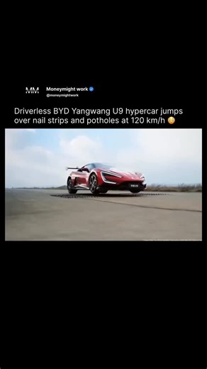 @moneymightwork on Instagram: "BYD has demonstrated the Yangwang U9 performing a driverless obstacle-jumping test using its DiSus-X intelligent body control system. The car autonomously detected hazards and executed controlled jumps without a driver onboard. According to BYD, the U9 cleared spike strips and potholes at speeds of up to 120 km/h (74.5 mph), showcasing real-time suspension control, torque vectoring, and vehicle motion management working in unison. Powered by a quad-motor electric d
