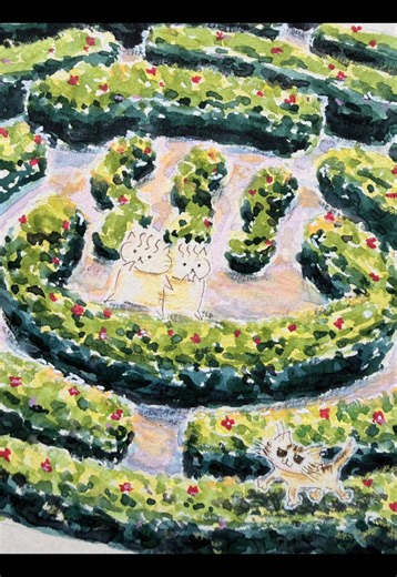 Paws in the Hedge Maze: Watercolor Cat Journey