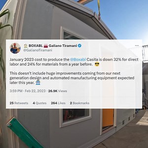 Boxabl is always committed to constantly improving our automated processes and factory-made buildings. In fact, in 2023, we’ve been able to reduce the cost to produce our Casita by 32% for direct labor and 24% for materials. 😎 We look forward to making even more improvements later this year when we launch our new and improved manufacturing equipment. 🤖 We believe that our commitment to excellence makes us a great investment opportunity. With our drive to innovate and dedication to delivering e