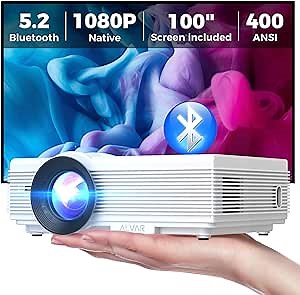 Native 1080P Bluetooth Projector with 100'' Screen, ALVAR 10000 Lux & 400 ANSI Portable Outdoor Movie Mini Projector, 60000 Hrs LED Lamp Life, Compatible with TV Stick, HDMI and USB