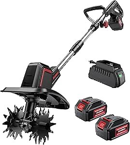 Upgraded Cordless Electric Tiller for Gardening, Total 8.0Ah Battery Powered Mini Cultivator with 2×4.0AH Batteries, 9" Width, 6.6" Depth, 48 Steel Tines Rototiller for Soil Cultivation