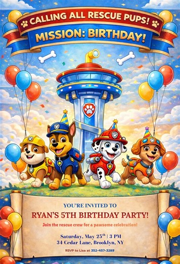 Paw Patrol Birthday Invite Editable Template, Kids Cartoon Birthday Invitation Printable, (canva Editable, Digital Download) - Etsy