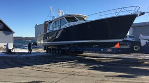 Getting ready to load the Sabre 66 Dirigo onto the travel lift | Sabre Yachts