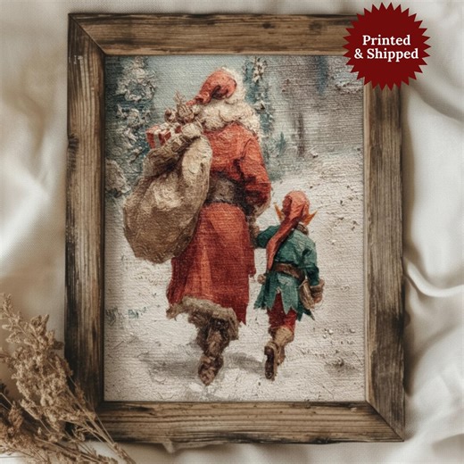 Vintage Santa Claus and Elf in Winter Forest Poster, Cozy Christmas Holiday Print, Home Decor Wall Art, Unframed, Printed and Shipped - Etsy