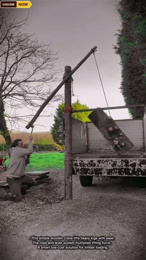 Simple & Ingenious Wooden Log Lifting Crane for Hoisting and Loading Timber in Outdoor Worksites