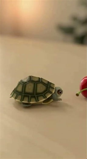 Baby Turtle Rushes to Stop a Rolling Cherry
