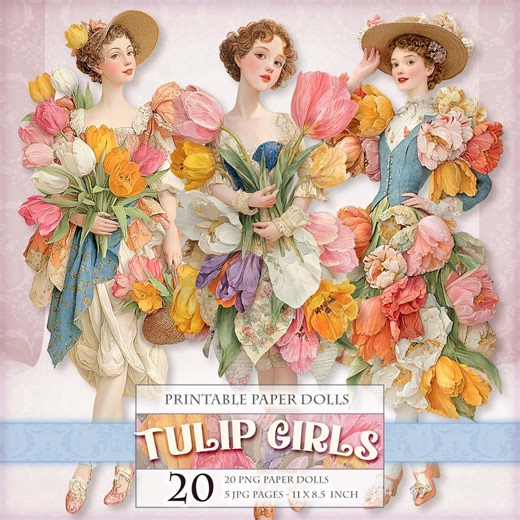 Printable Paper Dolls - Tulip Girls Clipart Set, 20 PNG & 5 Printable JPG Pages, Junk Journal, Scrapbook and Crafts (instant Download) - Etsy