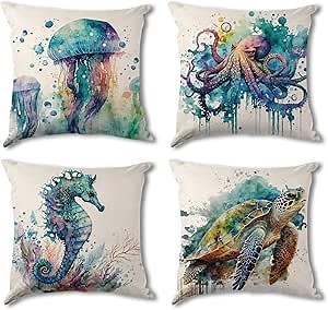 Coastal Pillow Covers 18x18 Set of 4, Beach Ocean Animal Throw Pillow Covers for Couch Outdoor Patio Furniture Decorative Watercolor Sea Turtle Seahorse Jellyfish Octopus Cushion Cases Sofa Home Decor