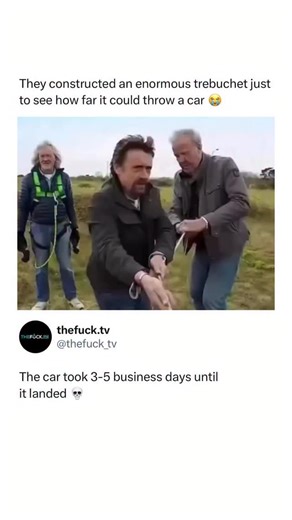 Memes, Entertainment, News on Instagram: "How did they even come up with the idea for this 😭 Jeremy Clarkson, Richard Hammond, and James May famously built a full-scale trebuchet to launch a car as part of a challenge on Top Gear, pushing the limits of medieval siege engineering for modern entertainment. The build involved calculating counterweight mass, sling length, and release angles to safely propel a stripped-down vehicle hundreds of feet through the air, turning what is normally a physics