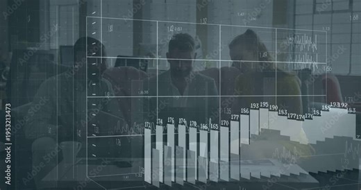 Lead operating laptop and activating 3D grid, team reviewing business bar charts growing, shrinking