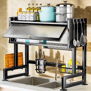 Dish Rack Over Sink with Cover, Stainless Steel Dish Racks for for Drying Dishes, Glasses, Bowls, and Utensils, Black, Length-37.4"