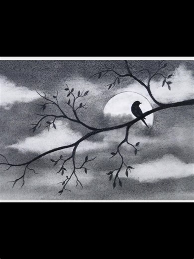 Easy Night Bird Drawing on Tree Branch Tutorial