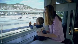 Teenage girl traveling on high-speed express train, scrolling through social media on her smartphone, sitting by the window. Long commuter train journey
