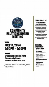 Join us for the monthly Community Relations Board Meeting on 5/14 at Grapeland Park. Open to all City of Miami residents to discuss community issues. | City of Miami Government