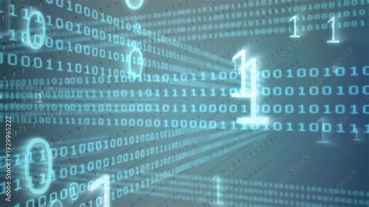 Floating binary digits emerging from depth, enlarging, rotating and drifting to show 3D data flow
