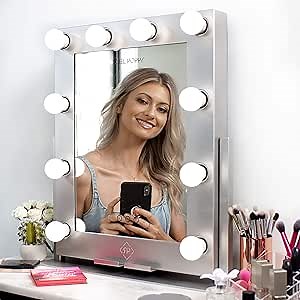 Large Vanity Mirrors with LED Lights, Phone Mount, Dim Lighting Touch Control, 21.5” x 19”, Fogless - Hollywood Mirror and Magnifying Set - Glam Silver