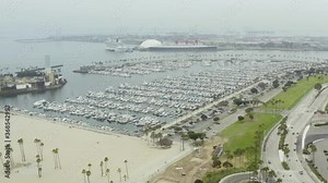 Gorgeous aerial view of Long Beach, California, USA. Aerial view of the historic Queen Mary and cruise ship terminal dome