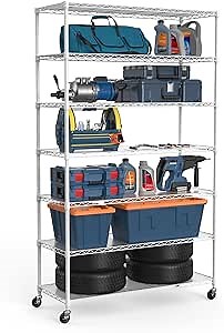 7 Tier NSF Wire Shelf Shelving Unit, 18 x 48 x 82 inch 2450lbs Capacity Heavy Duty Adjustable Storage Metal Rack with Wheels/Leveling Feet & Shelf Liners, Ideal for Garage, Kitchen, and More - White
