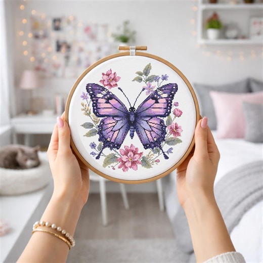 Butterfly Cross Stitch Pattern, Floral Purple Embroidery Chart, Elegant Insect Nature Needlework, DIY Wall Art Sampler, Instant PDF Download - Etsy
