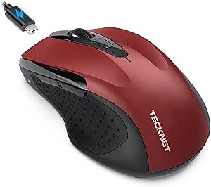 TECKNET Rechargeable Jiggler Wireless Mouse (BT5.0/3.0 & 2.4G) 4800 DPI Silent USB A & Bluetooth Mouse 6 Buttons, Wide Compatibility - Red